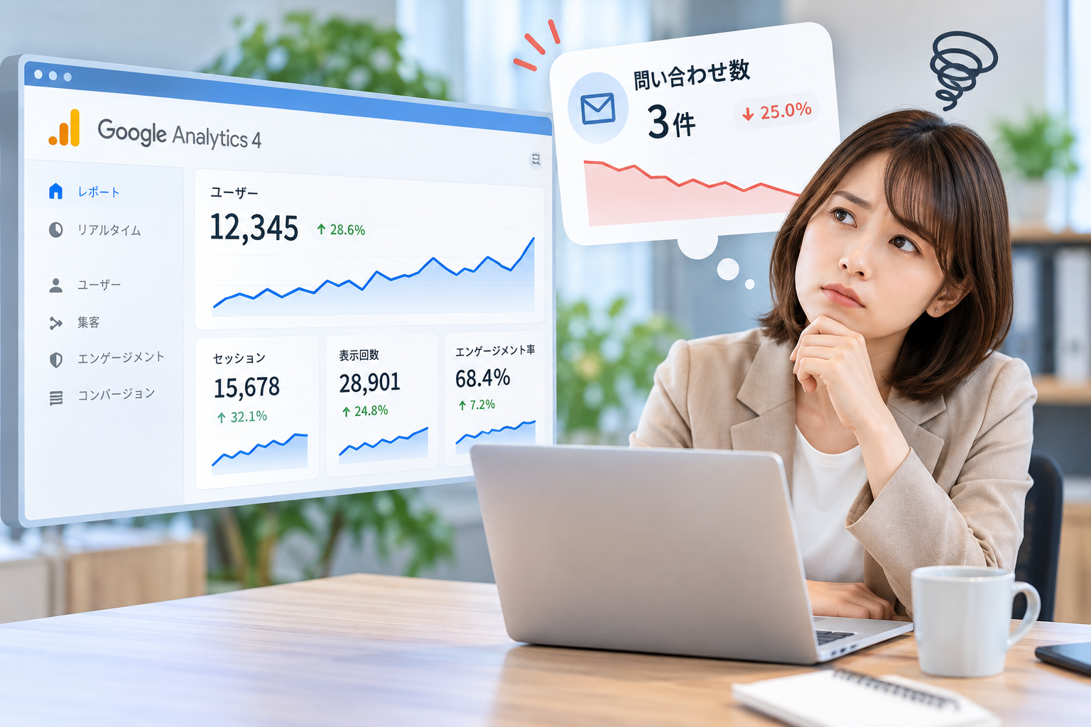 GA4のアクセス増加と問い合わせ数の伸び悩みを確認する担当者のイメージ